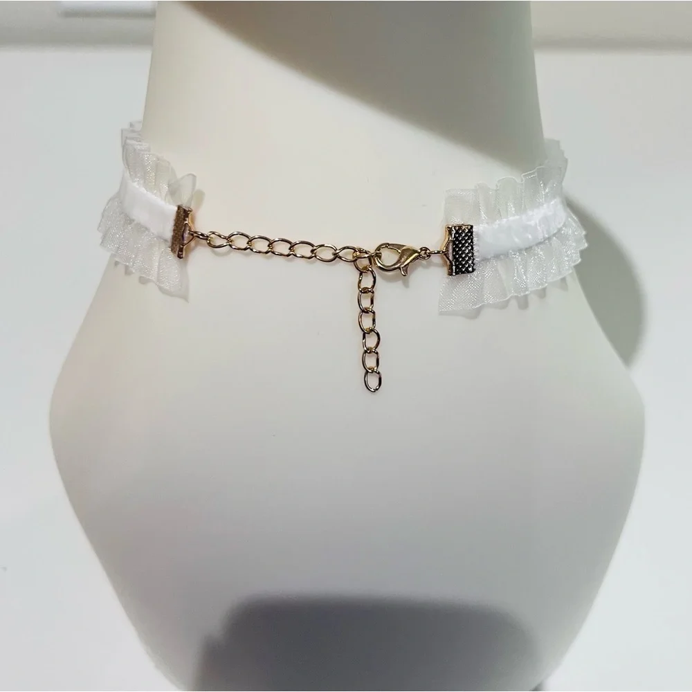 White Lolita Lace Mesh Bow Inlaid Gold Hardware Vintage Dangle Choker Necklace - Picture 5 of 6